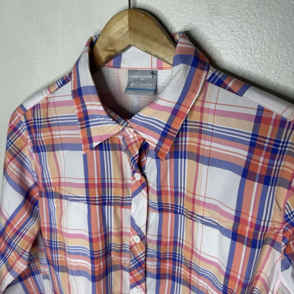 Columbia Kick Fix Plaid Long Sleeve Shirt Orange Pink Insect Block Womens Large - Picture 2 of 10